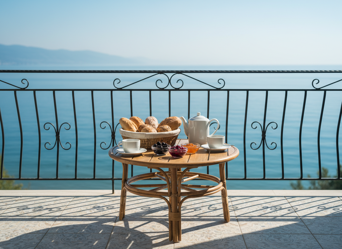 A cozy sea-view breakfast setup on a boutique hotel balcony in Şile. In the center, a small round wooden table with a finely woven rattan edge holds a simple white porcelain teapot, two matching cups, a basket of freshly baked bread, and small glass bowls of olives and local jams. The balcony’s wrought-iron railing frames a clear view of the calm blue sea and distant coastline. Early morning light bathes the scene in a soft, cool glow, casting delicate shadows on the tiled floor. Photographic realism, shot from a slightly elevated angle with shallow depth of field so the table is crisp and the sea gently blurred, creating an intimate, tranquil atmosphere.
